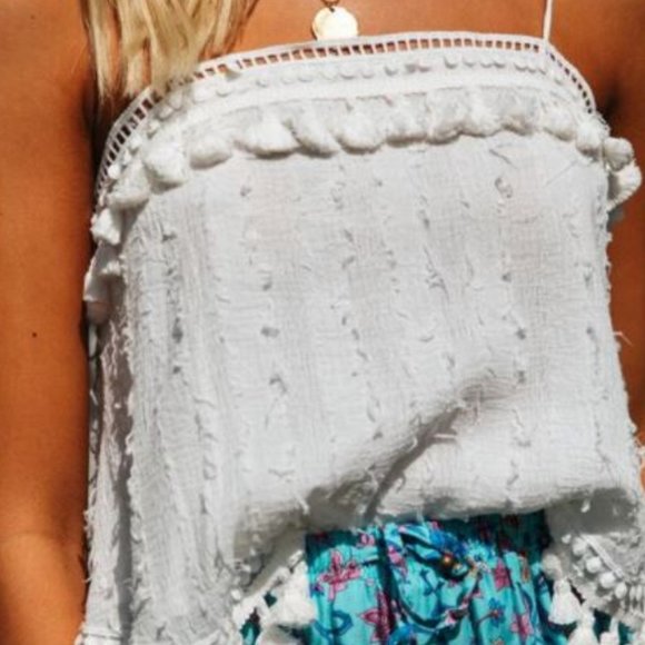 Boho White Flowy Tank Top Fringe Tassels - Picture 5 of 5